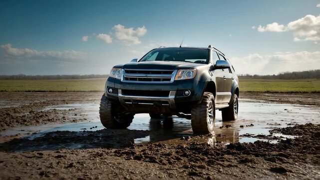 Powerful 4x4 pickup truck splashing through thick mud on rural field under blue sky