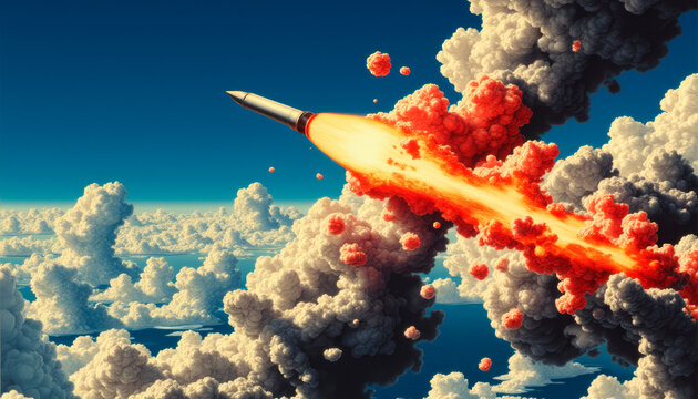 A missile with a nuclear warhead flies above the Earth, invincible force and danger