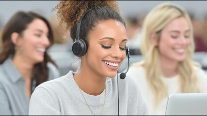 Engaging female customer service representative with headset smiles while working at desk, showcasing teamwork and collaboration in a modern office environment, camera zooms in - Powered by Adobe