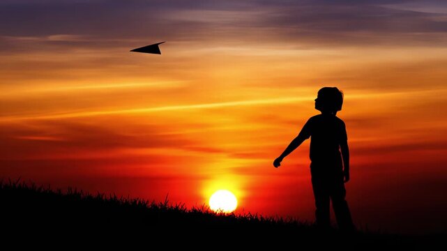 kiddie paper airplanes soaring, juvenile silhouette enjoying lighthearted paper plane adventure at dusk, youthful figure designing and propelling paper craft amidst sunset over lush meadows