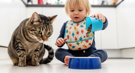 A young child and a cat sitting on the floor with a blue bowl and a blue cup.