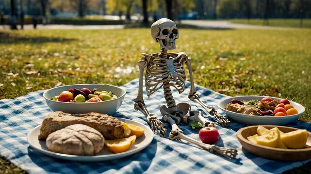 Spooky skeleton picnic with fresh sandwiches cookies and salad on sunny park blanket