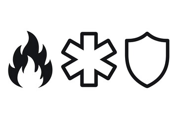 Emergency services icons representing fire, medical assistance, and security for safety and protection awareness campaigns or informational materials