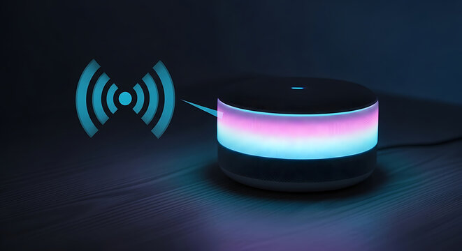 Smart speaker glowing with vibrant lights and Wi-Fi symbol displayed