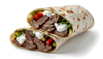 Beef Shawarma Wrap with Vegetables on White Background