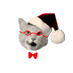 halftone cat with santa's hat,trendy collage element