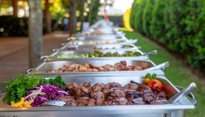 Catering Buffet with Grilled Meat and Vegetables