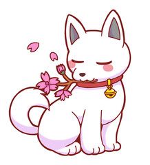 Relaxed Kishu Dog with Cherry Blossom Branch – Peaceful Japanese Spring Hand-Drawn Art