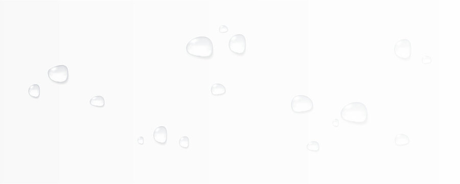 Realistic vector water drops png on a transparent light background. Water condensation on the surface with light reflection and realistic shadow. 3d vector illustration