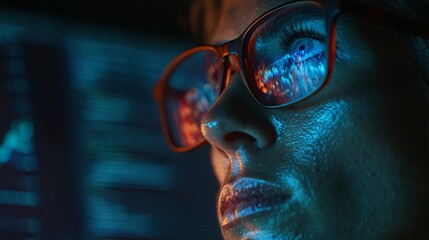 In the silence of night: peering into blockchain code on screens. Kpi tracking. Immersed in tech: a developer's nocturnal blockchain exploration. Digital finance. Data visualization.