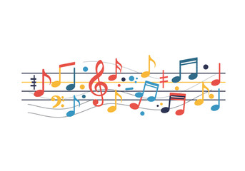 Colorful musical notes and symbols on a staff.