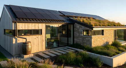 Modern Eco-Friendly House with Solar Panels and Green Roof | Sustainable Architecture for Renewable Energy and Environmental Design Marketing