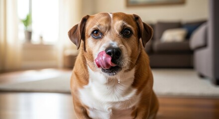 A brown and white dog with a black nose and tongue sticking out, sitting on a wooden floor in a living room with a white rug and a couch in the background.