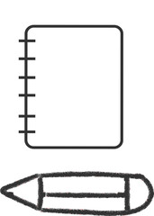 Simple hand drawn icon of a spiral notebook and a pencil