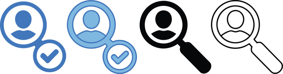A versatile set of vector icons representing concepts of personnel search, user verification, headhunting, and candidate approval