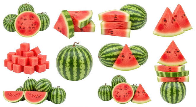 Watermelon fruit slices and whole isolated on a transparent background