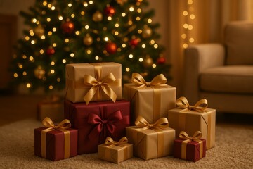 pile of wrapped christmas gifts under decorated tree, glowing lights, cozy living room interior, soft focus, home holiday atmosphere, luxury packaging, golden ribbons, product background photo