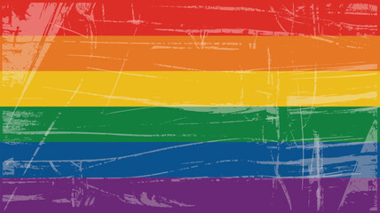 Distressed graphic representation of a horizontal striped banner, vibrant with hues of red, orange, yellow, green, blue, and purple, symbolizing diversity and inclusion with a grunge texture