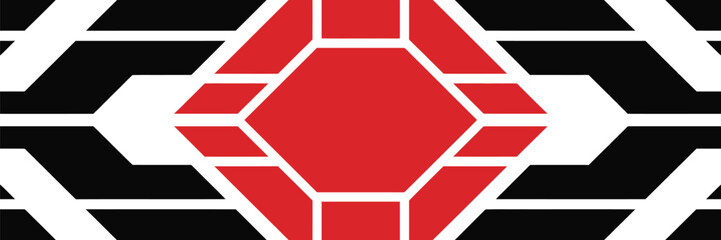 A bold vector illustration of a futuristic faction banner, featuring a prominent red hexagonal emblem on a striking black and white geometric pattern