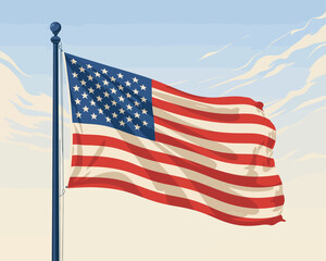 Obraz premium Vibrant patriotic emblem with stars and stripes proudly waving on a tall flagpole under a dynamic sky, representing national identity and enduring values