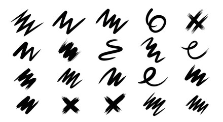 Abstract set of black hand-drawn ink strokes, marker scribbles, grunge shapes, zigzags, crosses, and wavy lines for graphic design elements and artistic overlay