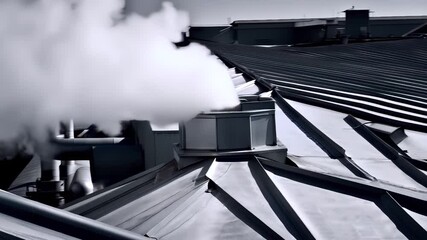 white vapor over metal roof, vapour drifting along skylight frames and metal ridges observed, maintenance scenario involving steam emission and condensate flow on rooftop structures - Powered by Adobe