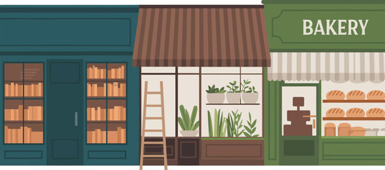 Illustration of a charming city street with a row of small local business storefronts including a bakery, bookstore, and plant shop