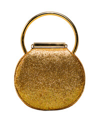 Ornate golden round handbag with curved handle