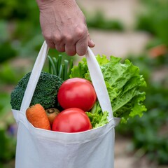 Hand Holding Reusable Veggie Bag at Farmers Market