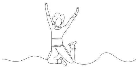 Happy jumping girl continuous single line art vector illustration,1