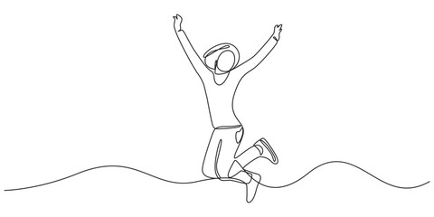 Happy jumping girl continuous single line art vector illustration,1