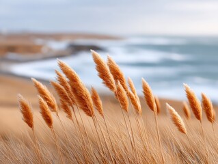 Close up of dry golden grass swaying gently with ocean waves and a blurred coastal background under soft daylight