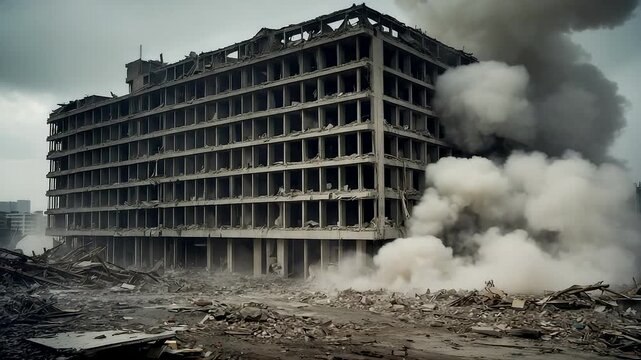 Massive explosion demolishes multi-story concrete building in rubble cloud and debris chaos