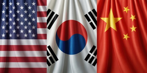 American, South Korean, and Chinese Flags Background