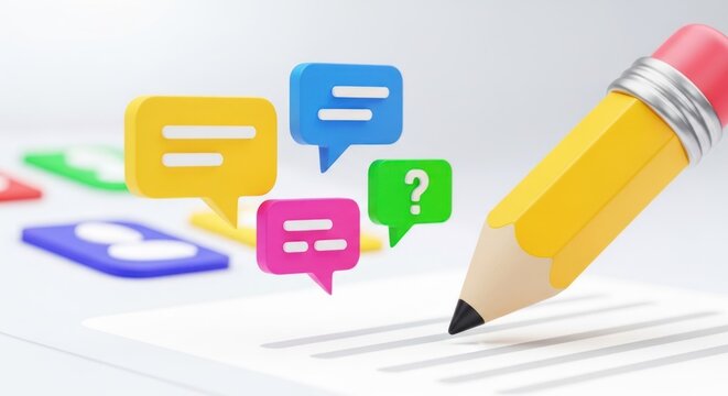 A pencil with speech bubbles and a question mark on a white background. - Powered by Adobe