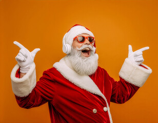 Santa Claus dancing in headphones, orange vivid background