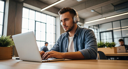 Fototapeta premium Man Working on Laptop Wearing Headphones in Modern Office