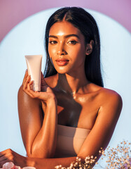 Young woman holding cosmetic tube with falling petals, pastel pink