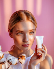 Woman with cotton branches and cosmetic tube, pink background