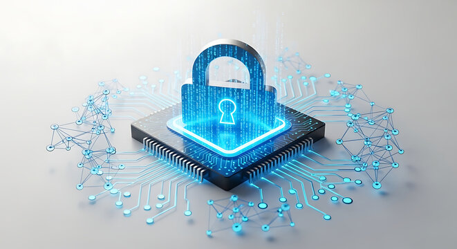 Secure digital technology: Circuit board with padlock representing internet and data protection.