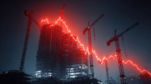 Construction Site with Falling Graph: A high-angle shot captures the construction site amidst a crisis. The red graph line symbolizes the market crash, which overlays construction and cranes.