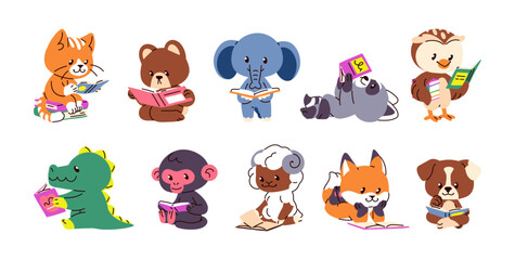 Baby animals are reading books set. Different anthropomorphic cats, dogs and monkeys are learning with textbooks. Cute students study. School education. Flat isolated vector illustrations on white