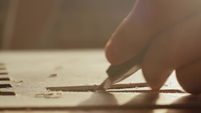 Macro shot of an artist&rsquo;s hand precisely cutting a stencil in cardboard. Dust particles float in warm backlight, highlighting craft and creativity in the workspace.