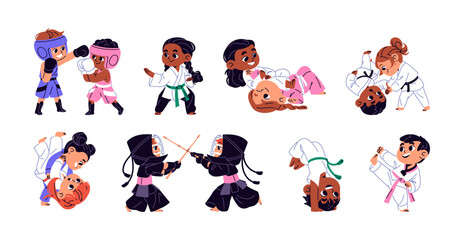 Martial arts for kids set. Cute children do fight: boxing, judo, karate, kung fu and taekwondo. Little girls and boys in kimonos are training. Flat isolated vector illustrations on white background
