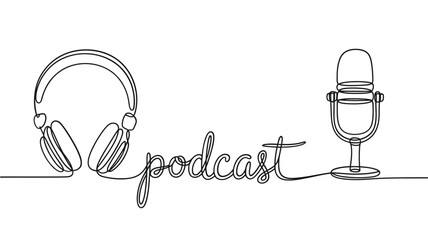 Minimalist line art of podcast equipment and word
