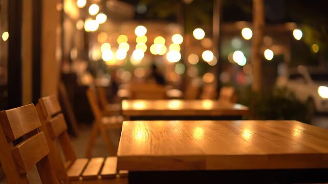 At night, an outdoor restaurant patio is adorned with empty wooden tables and chairs. The cozy ambiance is enhanced by the soft glow of warm bokeh lights casting a beautiful illumination