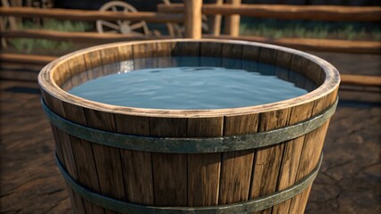 Rustic Wooden Bucket Filled with Clear Water in Natural Setting