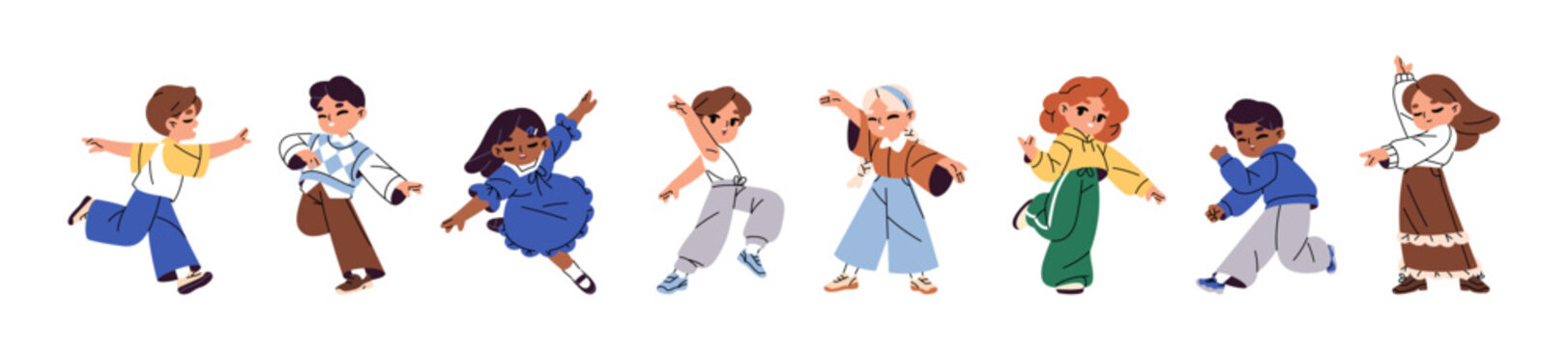 Cute dancing children set. Happy kids perform with hip hop. Funny little dancers move with music. Child performers have fun at the party. Flat isolated vector illustrations on white background