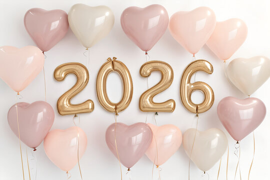 Gold “2026” foil balloons surrounded by pastel heart balloons in pink, beige, and lavender—charming setup evoking warmth, love, and milestone celebration. generative ai
