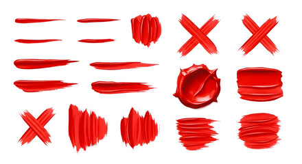 Collection of realistic vector red paint strokes, thick cosmetic lip gloss smears, textured...